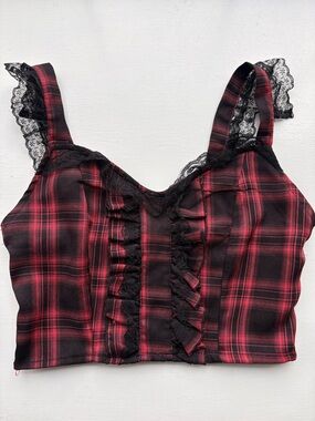Red and Black Plaid Lace-Trim Crop Top